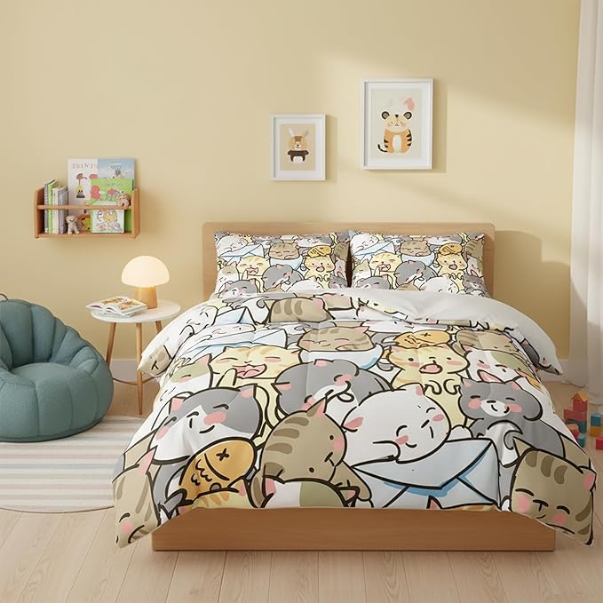 QOOMO Kawaii Cat Comforter Twin Size,Cute Cat Comforter Set for Kids Teens Girls,3Pcs Bedding Set Printed Comforter with 2 Pillowcases,Down Alternative,Soft and Lightweight，Twin Size by QOOMOHOME
