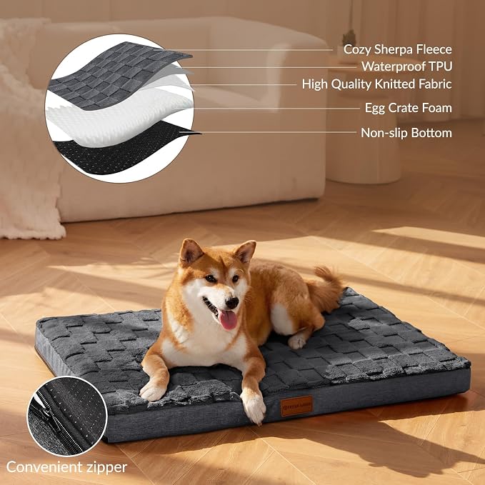Patas Lague Orthopedic Large Dog Bed Pet Crate Mat 48''X30'' Dark Grey | Egg-Crate Foam Dog Couch For Large Sized Dogs, Waterproof Removable Cover, Soft Pet Bed With Nonskid Bottom - Image 3