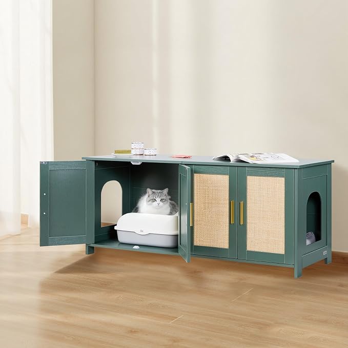 VEVOR Cat Litter Box Enclosure for Multi Cats, 47.2 in Hidden Litter Box Cabinet with 4 Rattan Doors & 2 Entries, Indoor Cat Washroom, Wooden Kitty House Furniture, Fit Most Litterboxes, Green - Image 8