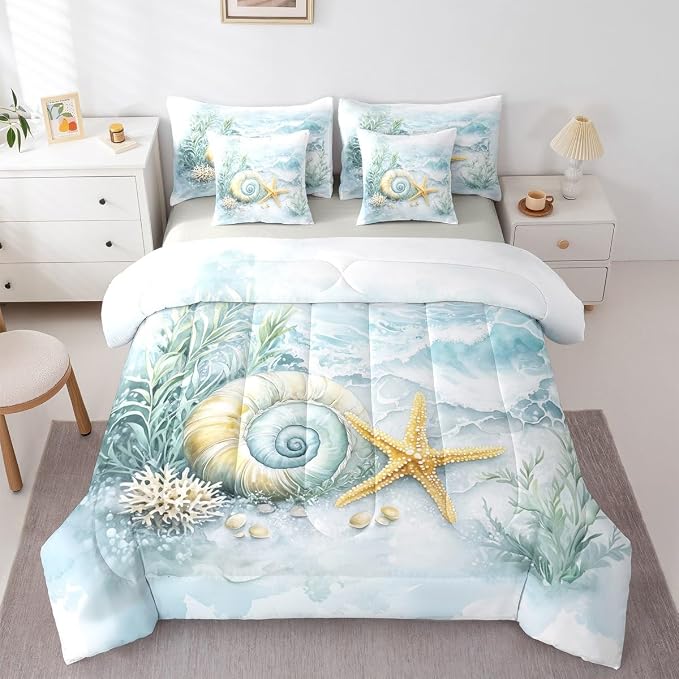 Erosebridal Shell Coral Starfish 7-Piece Bedding Set for Kids, Blue Ocean Coastal Theme Twin Comforter Set with Sheets, Summer Beach Nautical Bed in A Bag, Sea Waves Ocean Life Bed Sets - Image 3
