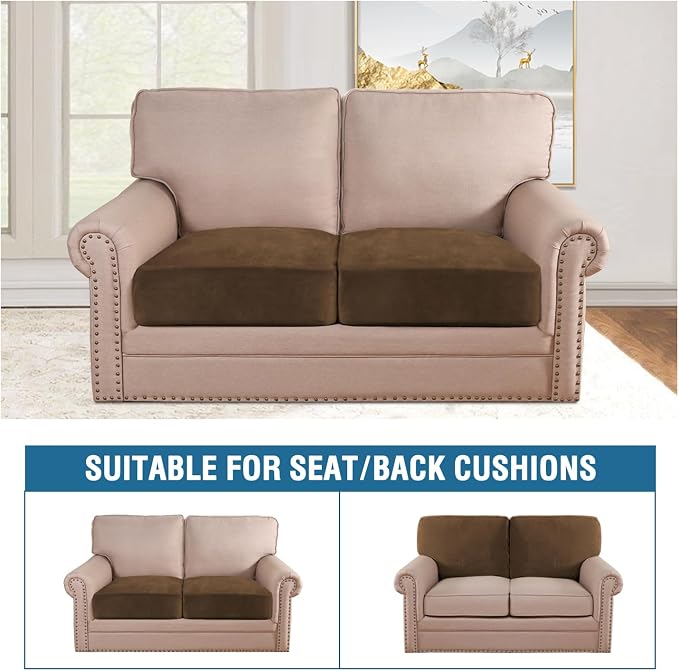 H.VERSAILTEX Velvet Stretch Couch Cushion Cover Plush Cushion Slipcover for Chair Loveseat Sofa Cushion Furniture Protector Seat Cushion Sofa Cover (2 Piece Medium Sofa Cushion Covers, Bronze Brown) - Image 3