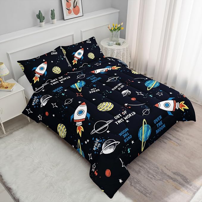 Space Rocket Comforter Set 3D Rocket Printed Bedding Set with 1 Comforter and 2 Pillowcases for Boys and Girls Bedroom All Season(Space-2 Queen) - Image 2