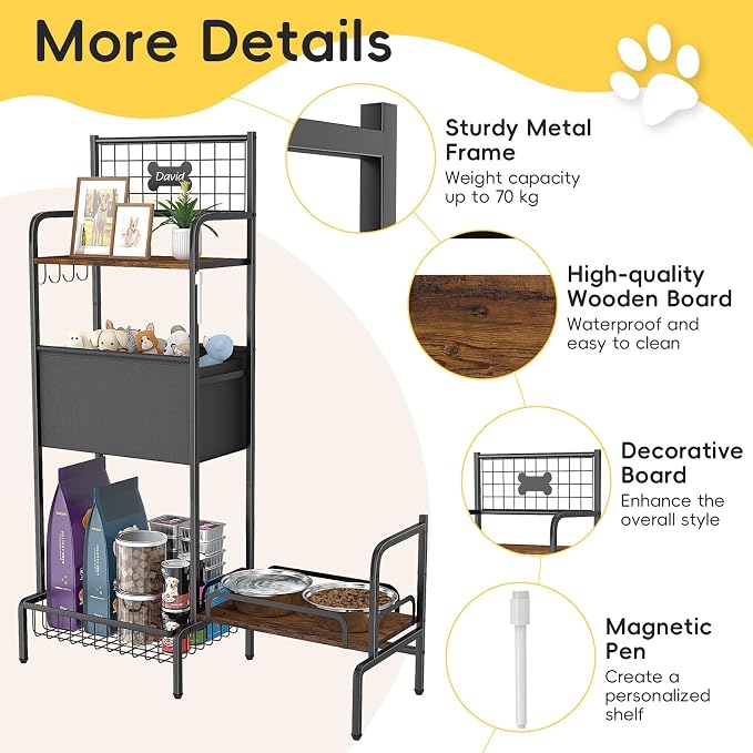 Dog Feeding Station Storage Organizer with Elevated Dog Bowl Stand | Adjustable Elevated Dog Bowl Stand, Large Toy Bin Basket, Lifted Food and Water Bowl Holder for Large Medium Small Breed - Image 6