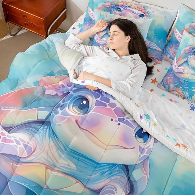 Erosebridal Tortoise King Size Comforter Set with Sheets, Ocean Animal Bed in A Bag for Kids Teens Youth Adults Bedroom, Underwater World Sea Animal 7 Pcs Bedding Set, Watercolour Coral Bed Sets - Image 7