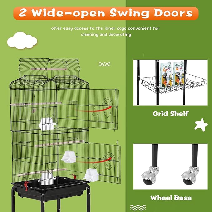 BestPet 64 inch Wrought Iron Bird Cage for Parakeets Medium Small Parrots Parakeet Cage with Detachable Rolling Stand & Play Open Top for Cockatiels Lovebird Finches Canaries (Black) - Image 5