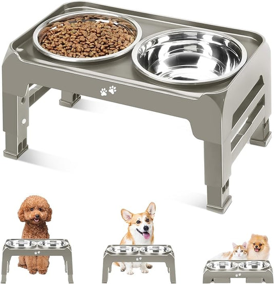 Elevated Dog Bowls for Small Dogs 3 Height Adjustable Raised Dog Bowl Stand with 25oz Stainless Steel Food Bowls Anti-Slip Small Dogs Feeder Adjusts to 7.5", 6", 2.75", Light Brownish Gray by COMESOON