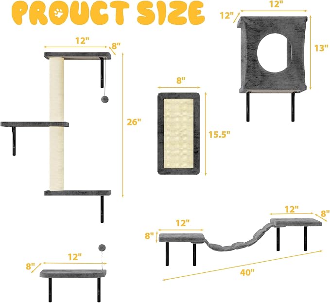 Cat Wall Shelves, 10-in-1 Wall-Mounted Cat Furniture Set | Large Cat Climber Set with House, Bridge, Steps, Scratcher, DIY Playground, Shelves for Indoor Wall Furniture Set - Grey - Image 5