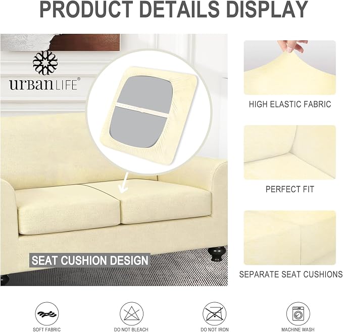 URBANLIFE 3-Piece Stretch Sofa Covers for 2 Cushion Couch, Cream | Super fitted spandex slipcovers for couches. Non-slip elastic bottom. Machine washable furniture protector for kids & pets. - Image 7