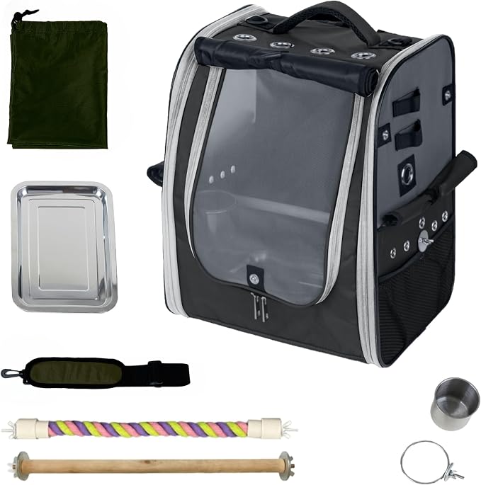 Birds Day Bird Carrier Backpack - Breathable Mesh Portable Parrot Travel Cage with 2PCS Perch, Food Bowl, and Stainless Steel Tray (Charcoal Gray) by BirdsDay
