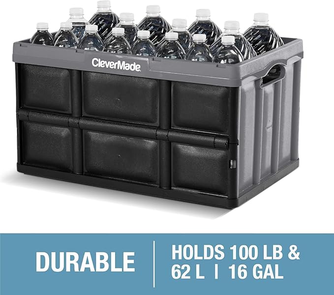 CleverMade Collapsible Storage Bins, 62L, 3 Pack, Ocean | Extra-large bins support 100 lb for groceries, tools, and gear. They stack securely and fold to 2.75 inches for storage. - Image 5