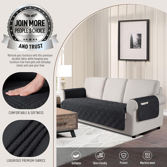 TAOCOCO Waterproof Sofa Covers for Dogs Pets with Non Slip Backing, Couch Seat Covers with Side Pocket for 3 Cushion Couch Washable Dog Couch Cover Protector Sofa Slipcovers(Sofa, Black) - Image 2