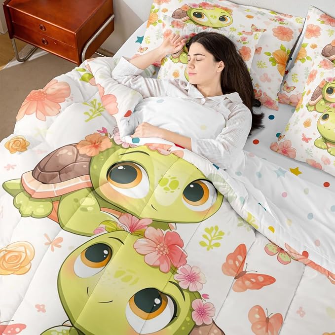 Erosebridal Cute Sea Turtle 7-Piece Bedding Set King Size, Ocean Animal Tortoise Bed in A Bag, Sakura Cherry Blossom Comforter Set with Sheets, Butterfly Bedding Comforter Sets - Image 7