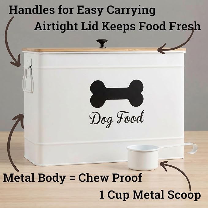 Metal Dog Food Container 15-20 lbs w/ Airtight Bamboo Lid, 70 Cup Capacity | Pet Jar For Dogs up to 100lbs, Airtight Bamboo Lid, Sturdy Comfortable Metal Handle, Powder Coated Iron, Kibble Storage Bin - Image 2