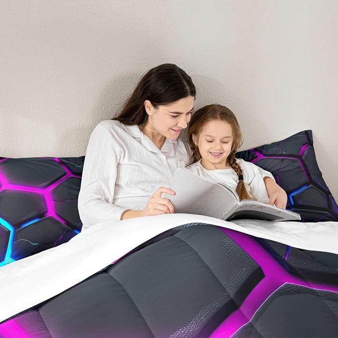 Geometric Honeycomb Comforter Set Twin Size,Abstract Hexagon Modern Artwork Bedding Set for Boys Girls Men Room Decor,Neon Blue Purple Patchwork Down Comforter,Fashion Duvet Insert,1 Pillowcase - Image 2