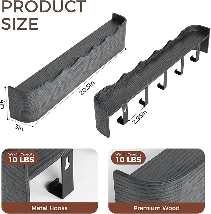 Coat Rack Wall Mount with Shelf Entryway Shelf Modern Key Holder Hanger Wall Shelves with Hidden Hooks for Hanging Towels Coats Hats Bags for Hallway Bathroom Bedroom (Wavy Black, 5 Hooks) - Image 2