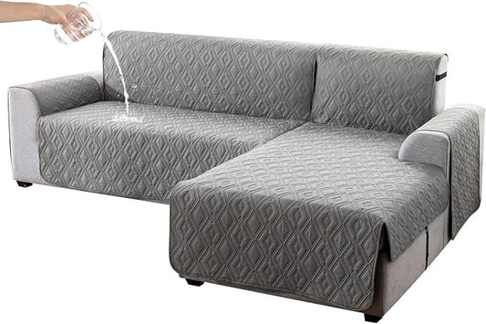 Genina Waterproof L Chaise Sectional Cover for Kids Pets (Gray, Large) | Reversible Design,Anti-Slip Fit,Blocks Pet Hair and Scratches,Stain-Resistant & Easy Install,Machine Washable by Genina