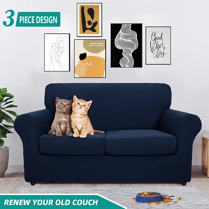 YEMYHOM Latest Checkered 3 Pieces Couch Covers for 2 Cushion Couch High Stretch Thickened Love Seat Sofa Cover for Dogs Pets Anti Slip Elastic Loveseat Slipcover Protector (Navy), 55"-69"(2 Cushions) - Image 2