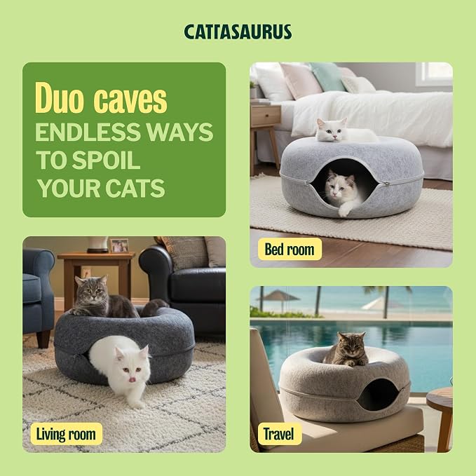 Cattasaurus Peekaboo Cat Cave Donut for Multiple & Large Cats up to 30-45 lbs, 3-in-1 Self Warming Cat Bed, Tunnel & Scratcher for Indoor Cats, Washable & Detachable (Light Gray + Dark Gray, Large) - Image 3