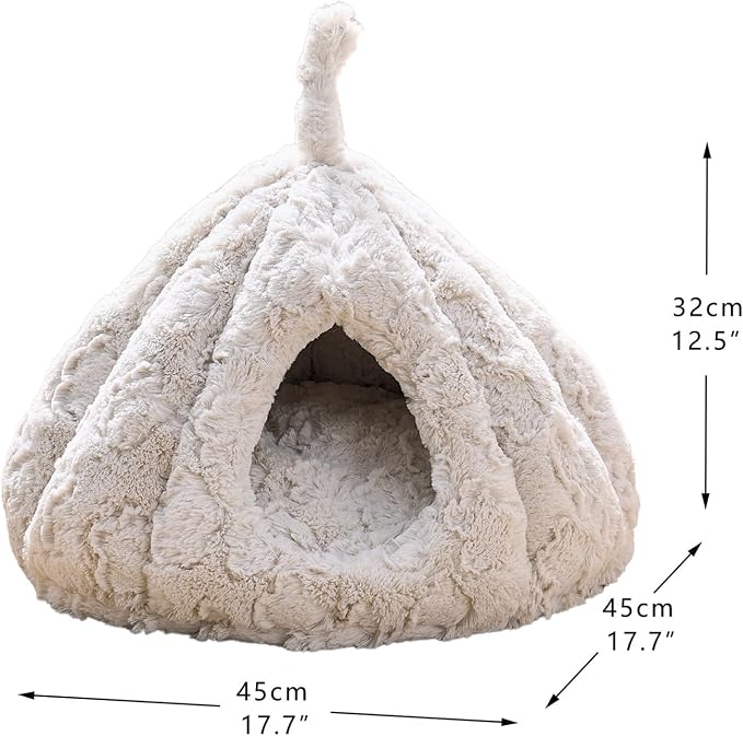 PetPals Round Cat Bed Small Pet Cave with Removeable and Washable Cushion | Super Soft Plush Pet Bed with Cover for Small Animals, Kitten or Ferret Hideaway Napping Cave, Anti-Slip Bottom, Cream plush - Image 2
