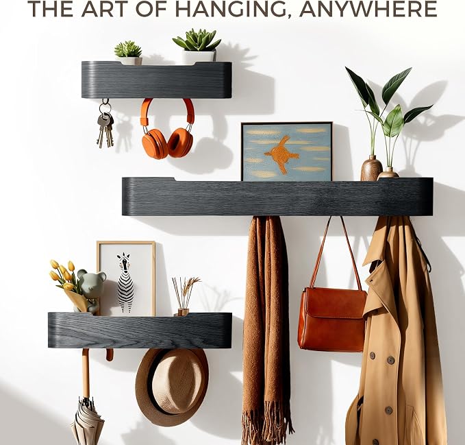 Coat Rack Wall Mount with Shelf Entryway Shelf Modern Key Holder Hanger Wall Shelves with Hidden Hooks for Hanging Towels Coats Hats Bags for Hallway Bathroom Bedroom (Black, 5 Hooks) - Image 3