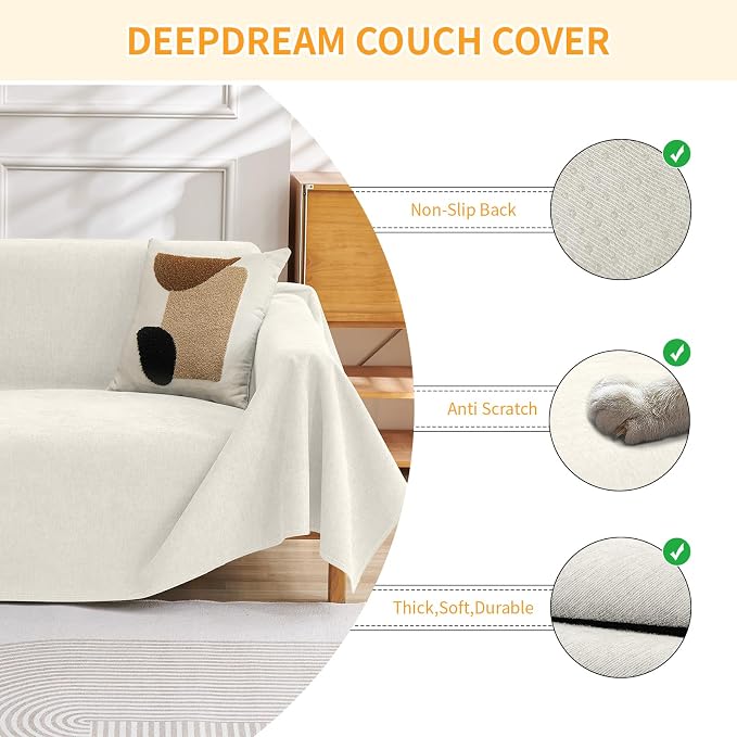 Deep Dream Cat-Scratch Resistant Couch Cover, Waterproof Sofa Cover for 3 Cushion Couch Washable, Pet Friendly Couch Protectors Anti Slip Thickened Sofa Slipcovers for Dogs Pets, 91" x 118", White - Image 3