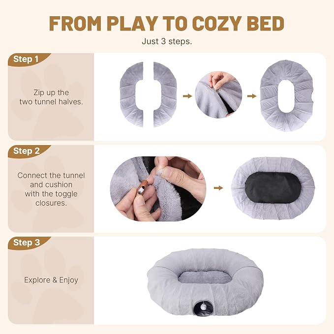 Extra Large Cat Tunnel, 47.2in Multi-Cat Family Big Cat Tunnel for Cats, Long Cat Tunnel Bed with Washable Plush Mat, XXL Pet Play Tunnel Toy for Cats, Puppy, Rabbits Grey - Image 7