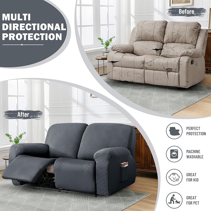 vctops Diamond Recliner Loveseat Slipcover 6-Pieces Stretch Dual Recliner Sofa Covers for 2 Seat Dual Reclining Loveseat Couch Soft Solid Furniture Protector (Grey,2 Seat) - Image 5