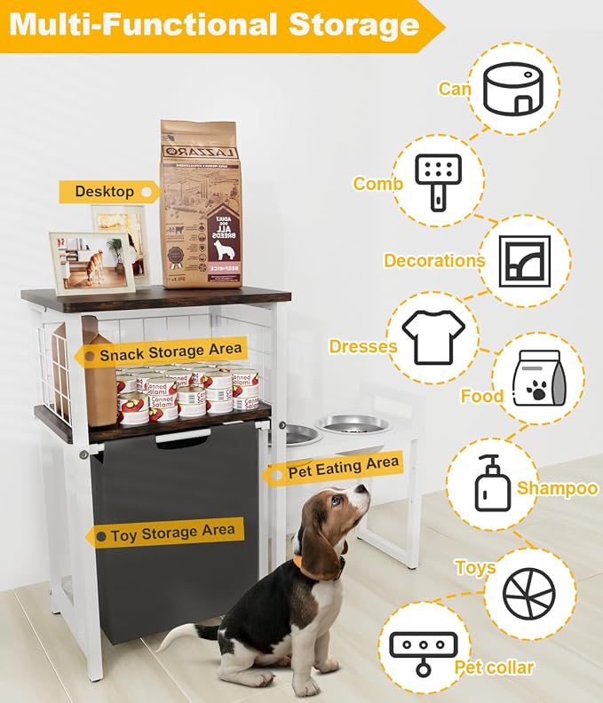 30.6Long x 26.2 High Elevated Dog Bowl Stand with Pet Food Storage Organizer, Adjustable Raised Feeding Station with Toy Basket for Large Medium Small Dogs and Cats, White - Image 3