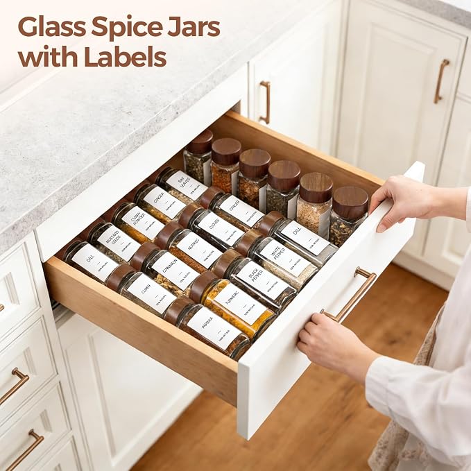 ComSaf Glass Spice Storage Jars with Acacia Wood Lids & Labels 4Oz 24Pack | Seasoning Container for Cooks, Herbs Pepper Salt Cinnamon Paprika, Spice Rack & Drawer, Canister with Shaker Insert & Funnel - Image 4