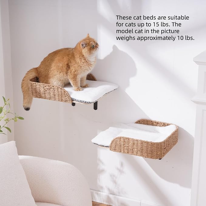 SHENGOCASE Modern Wall Mounted Cat Bed Perch with Handwoven Guardrail, 2-Pack, Wooden Shelves with Washable Pillow Cushions, Wall Furniture Set - Image 3