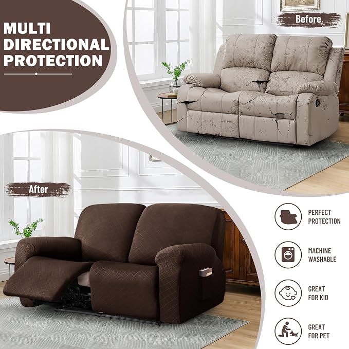 vctops Diamond Recliner Loveseat Slipcover 6-Pieces Stretch Dual Recliner Sofa Covers for 2 Seat Dual Reclining Loveseat Couch Soft Solid Furniture Protector (Dark Coffee,2 Seat) - Image 5