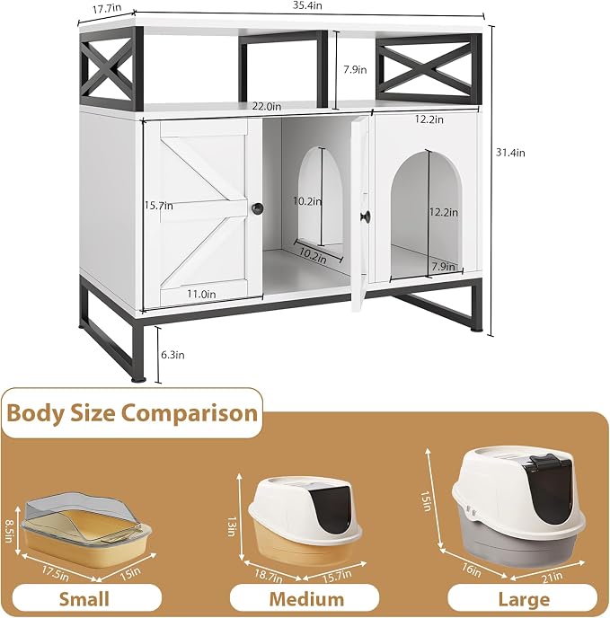DreamDashio Cat Litter Box Enclosure with Shelves, 35.4" Hidden Litter Box Furniture, Enclosed Litter Box Cabinet with Storage, Farmhouse Indoor Cat House for Living Room, Bedroom, Entryway, White - Image 3