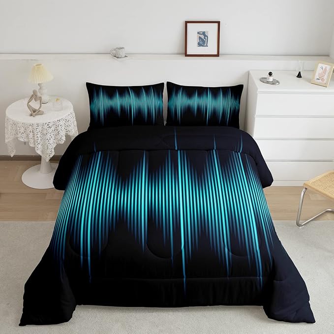 Geometric Abstract Kids Comforter Set Queen Size,Blue Gradient Striped Lines Bedding Set,Boys Girls Adults Bedroom Decor,Modern Fashion Down Comforter,Black Simple Duvet Insert,3pcs,2 Pillowcases by Homewish