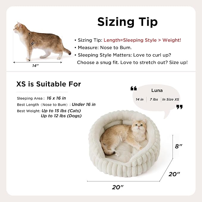 Bedsure ComfyFleece™ Washable Cute Cat Bed,Soft Round Kitten Bed,20in,Cream | Cozy Fluffy Plush Small Dog Bed,Donut Corduroy Cuddler Pet Beds for Small & Large Indoor Cats,Anti-Slip Bottom,Up to 15 Lbs - Image 5
