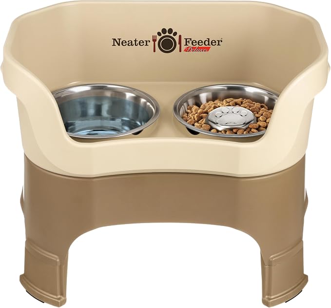 Neater Feeder Deluxe Mess-Proof Elevated Dog Bowls for Large Dogs (40+ lbs), 2 Height Adjustable (14.5” & 17.5”) No-Spill Raised Dog Bowl Stand w/Slow Feed Bowl for Food, Made in USA, Cappuccino by NeaterPetBrands