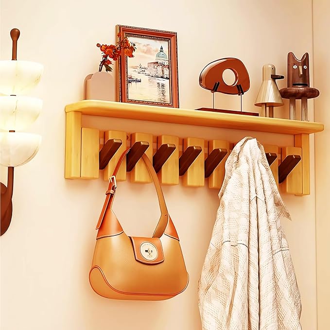 Wall Mounted Coat RackHooks Piano Key Hangers Natural Solid Wood Hanger Non-Woven Fabric Clothes Hangers for Closet, Kitchen, Bedroom, Bathroom, Entryway (Tray Walnut-Beech, 8 Hooks) by MurphyBedKitMattresFrame