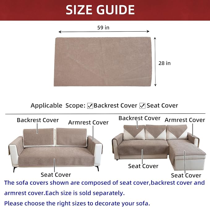 Couch Cover Sectional Couch Covers Non Slip Sofa Covers Washable for 3 Cushion Couch L Shaped Couch Protector Sofa Slipcovers for Kids Dogs Pets,Chenille,Camel,28''x59''(Only 1 Piece) - Image 3