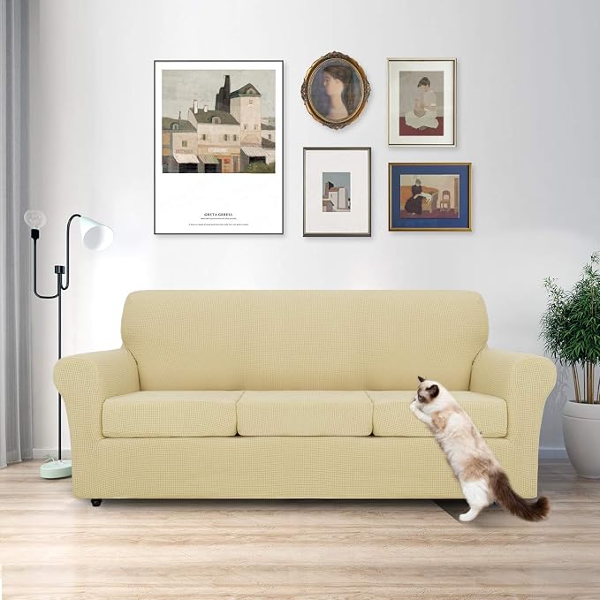MAXIJIN 4 Piece Couch Covers for 3 Cushion Couch Super Stretch Sofa Cover for Dogs Pet Proof Fitted Furniture Protector Spandex Jacquard Non Slip Magic Couch Slipcover Washable (Extra Large, Beige) - Image 2