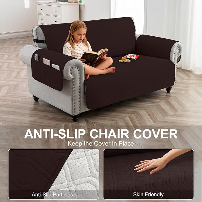 100% Waterproof Quilted Couch Cover,Straps&Pockets,46" Chocolate | Washable sofa cover, pet-friendly, scratch-resistant furniture protector, quilted sofa cover, reversible, non-slip backing. - Image 4