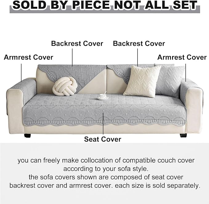 Cotton Quilted Pet Couch Covers for Sofa Farmhouse Rustic Floral Embroidery Sectional Couch Cover Soft Anti-Slip Sofa Slipcover Furniture Protector for Kids, Dogs, Pets (Grey,28"x35") - Image 2