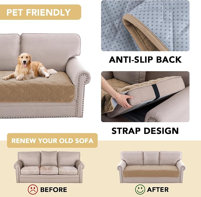 H.VERSAILTEX Couch Cover Chenille Pet Fuzzy Sofa Covers for 3 Cushion Couch Anti Slip Washable Sofa Slipcovers with Strap Soft Couch Protector Cover for Dogs Cats Kids(34.5" x 82",Khaki) - Image 3