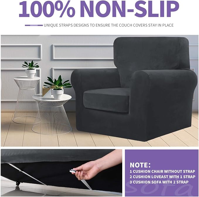 ZNSAYOTX Luxury Velvet Couch Cover 4 Piece (72"-92") Stretch Sofa Covers for 3 Cushion Couch Thick Soft Sofa Slipcover with Non Slip Strap, Dog Pet Friendly Nice Furniture Protector (Black) - Image 5