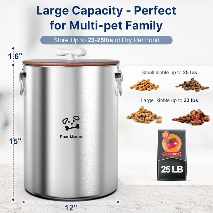 Paw Libero 25 Lbs Stainless Steel Dog Food Storage Container with Airtight Wooden Lid & Ceramic Bone Handle, Large Metal Dog Food Bin for Dogs & Cats, Keep Fresh, Easy to Clean - Image 2