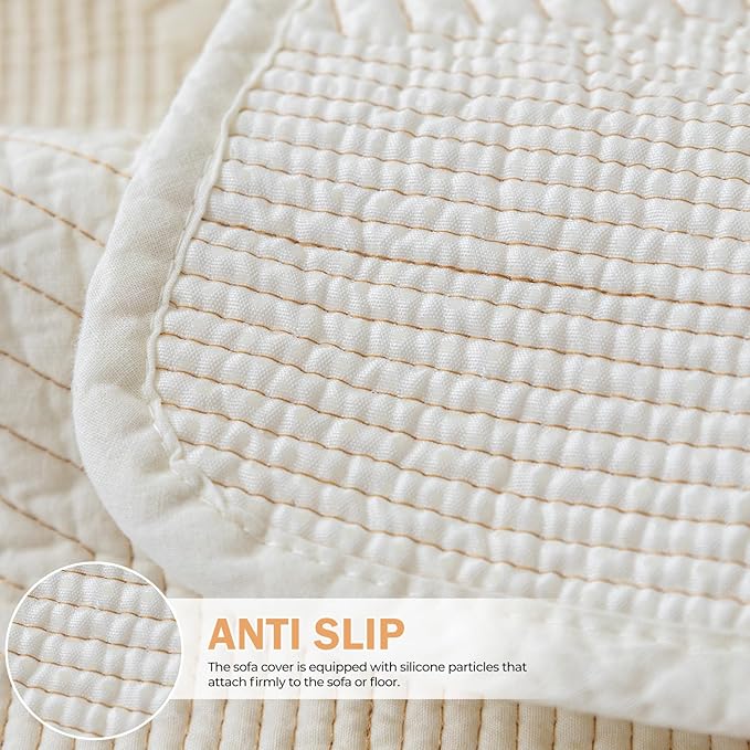 vctops Cotton Quilted Couch Covers for Sectional Sofa (Cream,28"x82") | Geometric Washable Non Slip Sofa Slipcover for Dogs, Children, Pets Furniture Protector Cover - Image 4