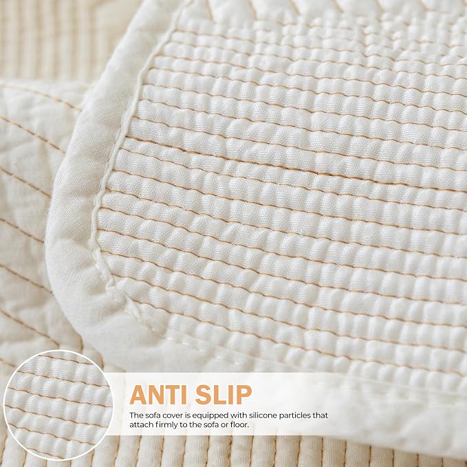 vctops Cotton Quilted Couch Covers for Sectional Sofa (Cream,28"x28") | Geometric Washable Non Slip Sofa Slipcover for Dogs, Children, Pets Furniture Protector Cover - Image 4