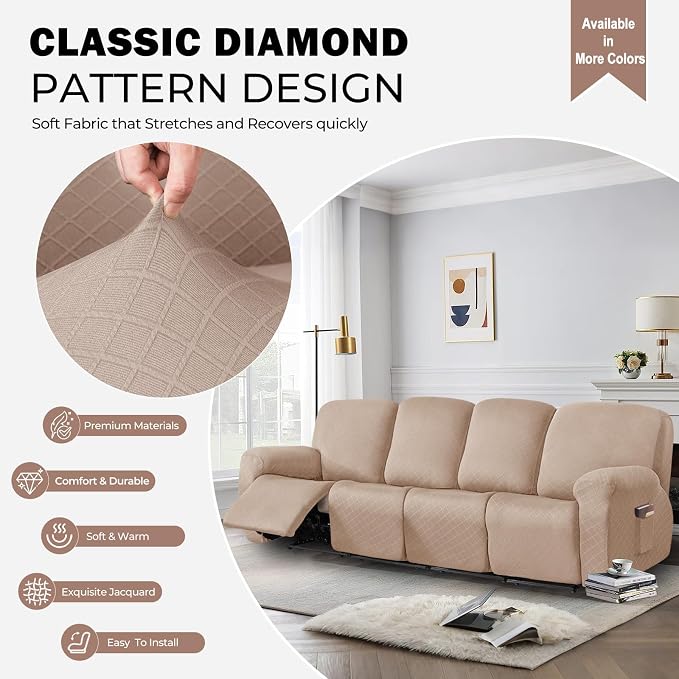 vctops Diamond Recliner Sofa Covers 10-Pieces Stretch Large RV Couch Covers for 4 Seats Reclining Slipcovers Soft Solid Furniture Protector (Camel,4 Seat) - Image 3