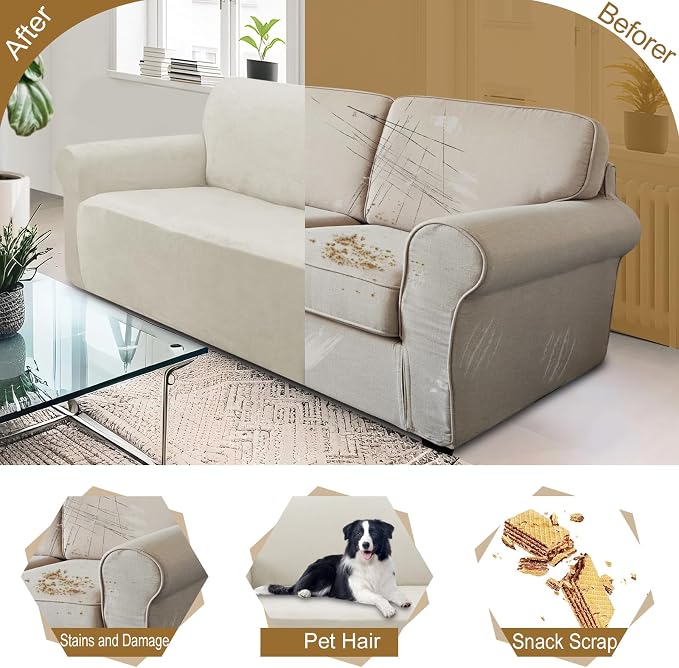 U-NICE HOME Velvet Sofa Covers Stretch Couch Covers for 3 Cushion Couch Furniture Protector Sofa Slipcover (Large, Beige) - Image 5