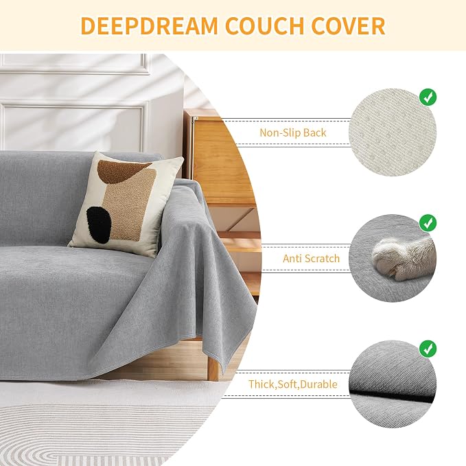 Deep Dream Cat-Scratch Resistant Couch Cover, Waterproof Sofa Cover for 2 Cushion Couch Washable, Pet Friendly Couch Protectors Anti Slip Thickened Slipcovers for Dogs Pets, 71" x 102", Light Grey - Image 2