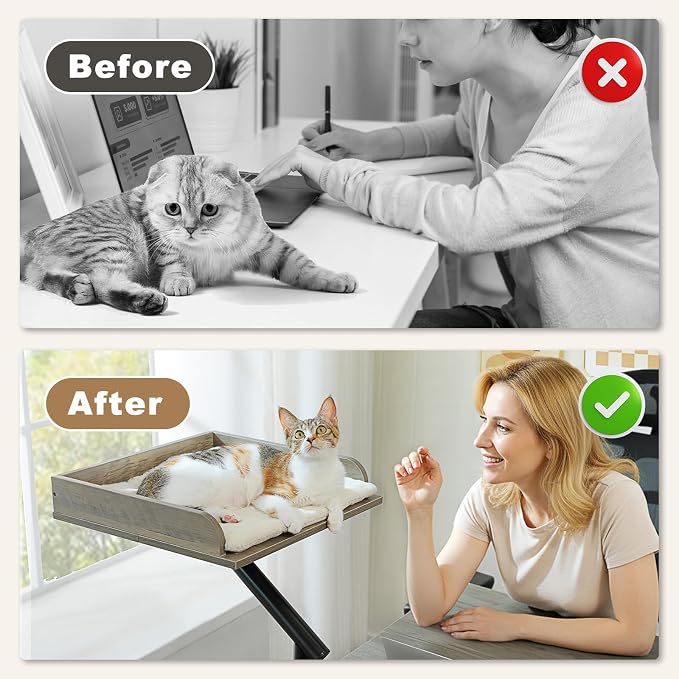 PAWZ Road Cat Desk Bed, Wooden Cat Bed for Desk Supports Up to 50 lbs, 360° Rotation & Adjustable, Nest Desktop Attachment Cats Hammock for Table, Gray - Image 3