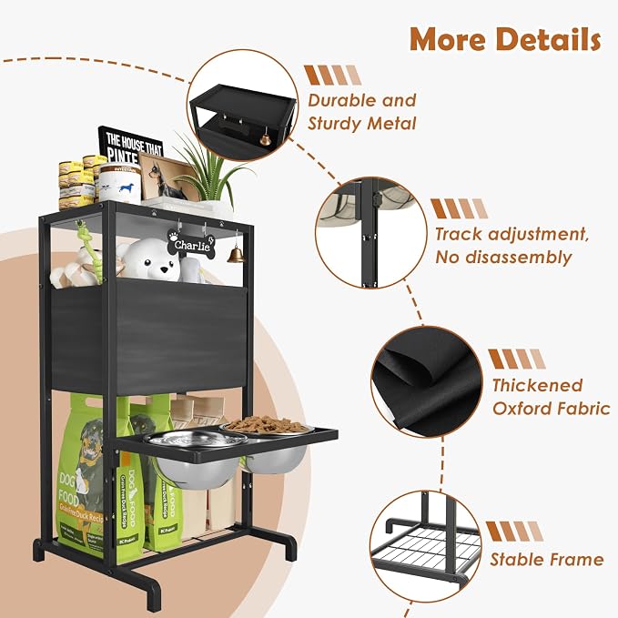 Elevated Dog Bowls: Height Adjustable Raised Dog Stand (4.5'' to 12'') 2 * 1700ml Stainless Steel Bowls + Slow Feeder, Feeding Station w/Storage Organizer & Toy Basket for Medium/Large Breeds - Image 5